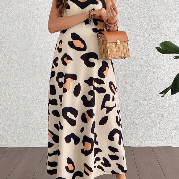 Multicolor Casual Women's Loose Maternity Leopard Print Camisole V-Neck Dress - Picture 4 of 5